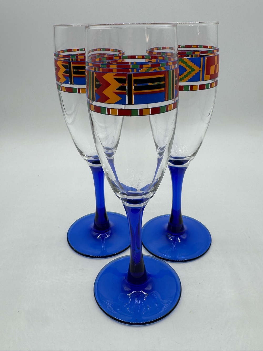 Set of 3 Vintage Avon Kente Champagne Flutes Glasses Blue